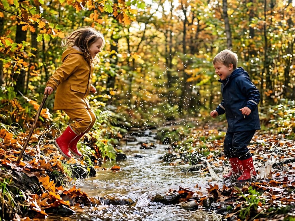 Zwei Kinder in Gummistiefeln spielen im Bach im Herbstwald
