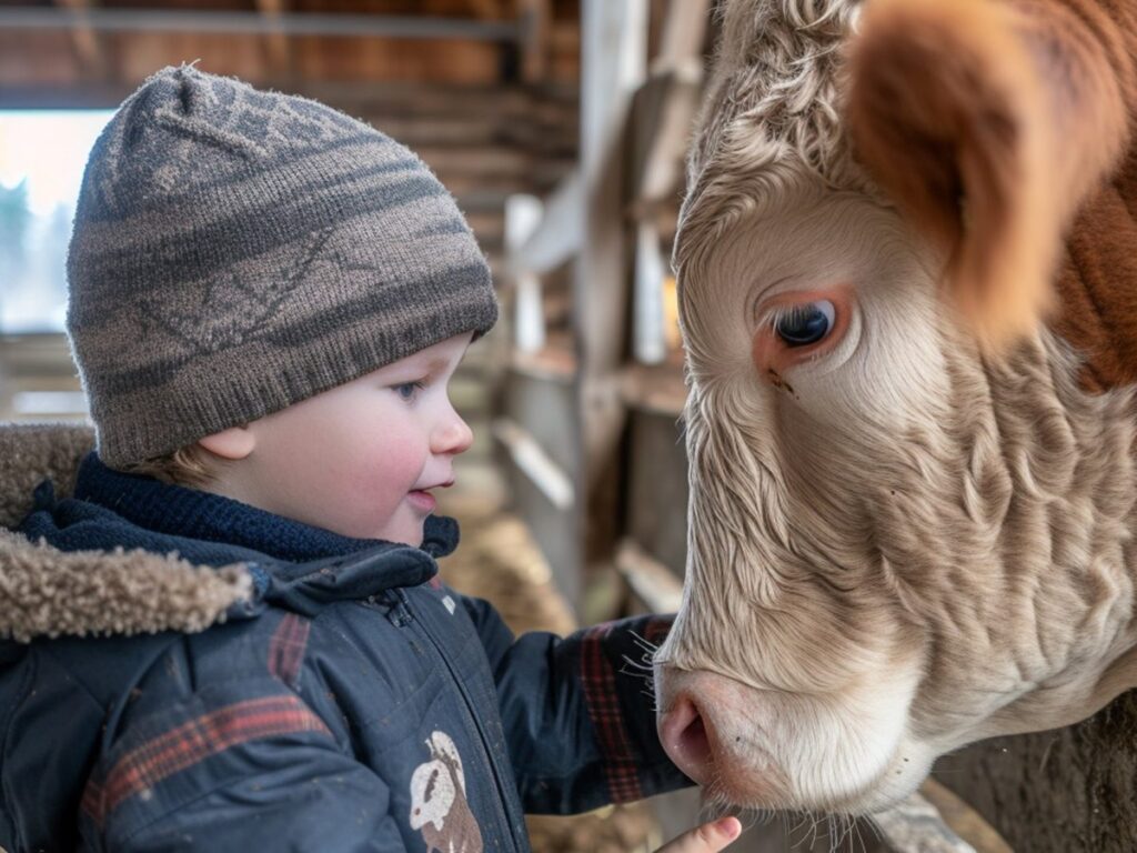 Kind streichelt ein Kalb im Stall